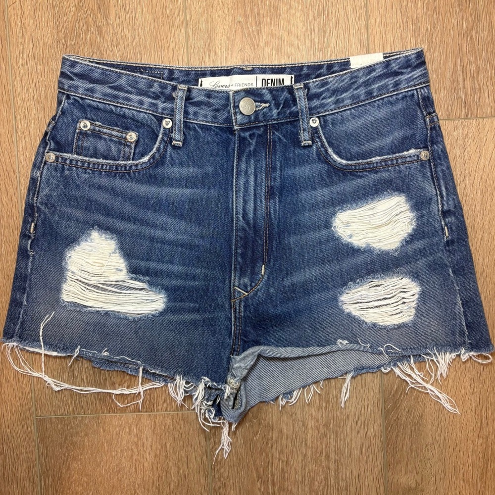 Lovers + Friends REVOLVE Ryan High Rise Distressed Denim Shorts Blue Size 26 - Picture 1 of 14